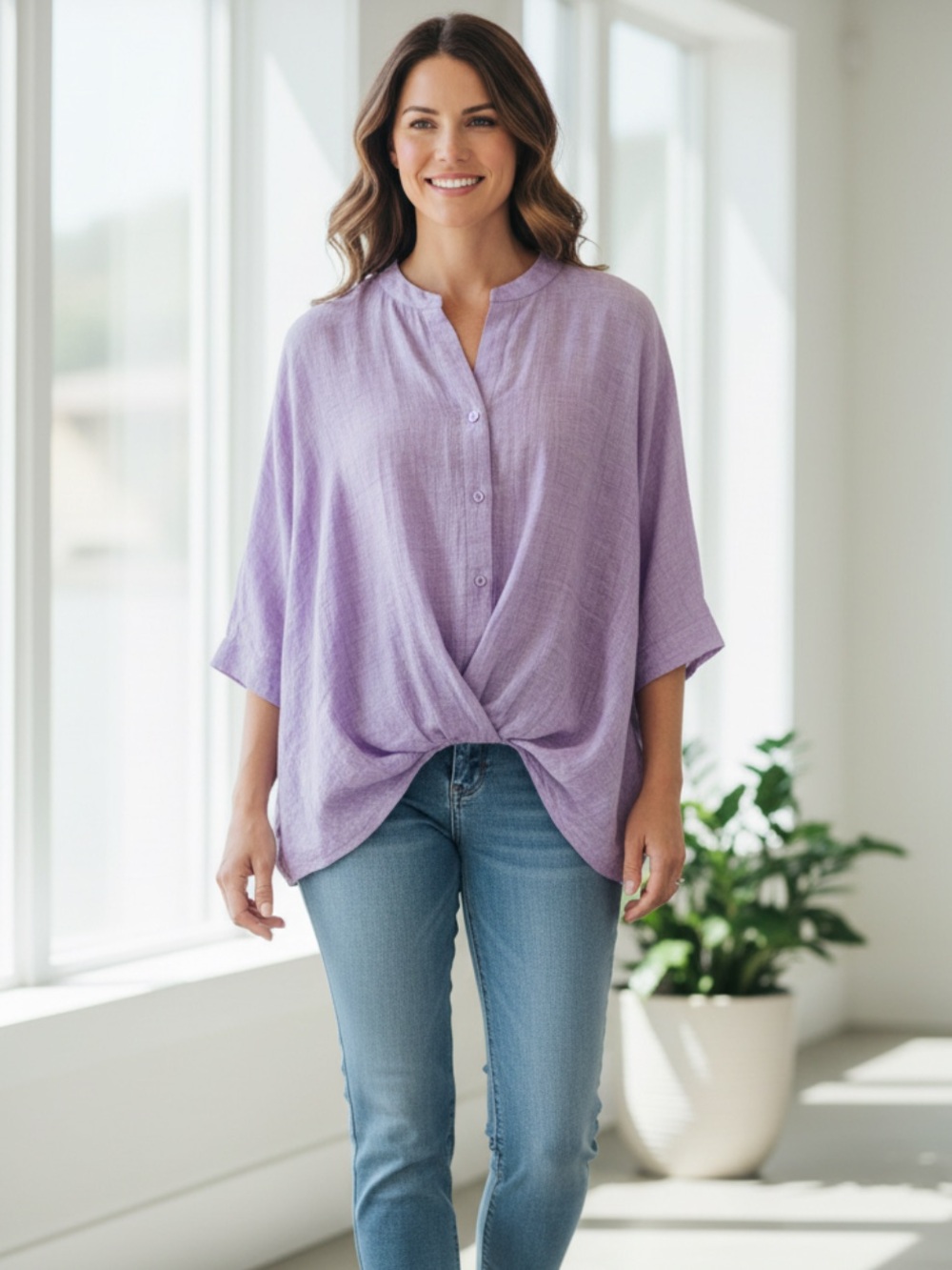 Women's Lavender Button-Front Twist Hem Top